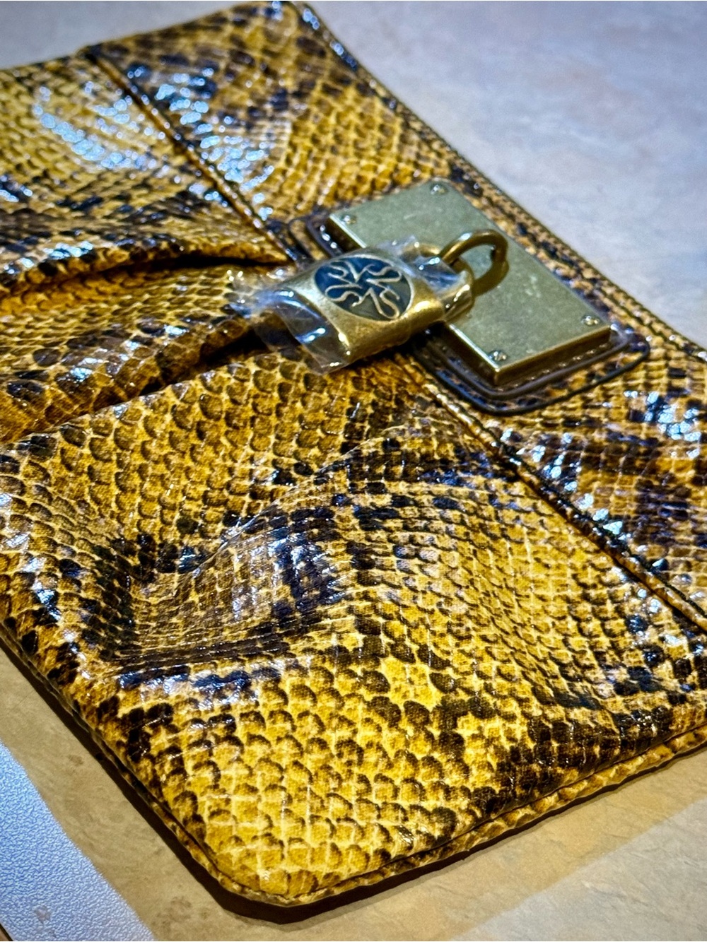 Vera Wang Yellow and Gold Snakeskin Accent Clutch